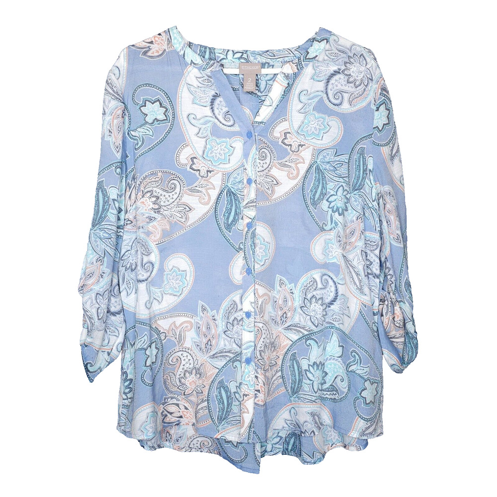 Chicos Top Womens Large 2 Blue Paisley Tunic Button Down Roll Tab Sleeve